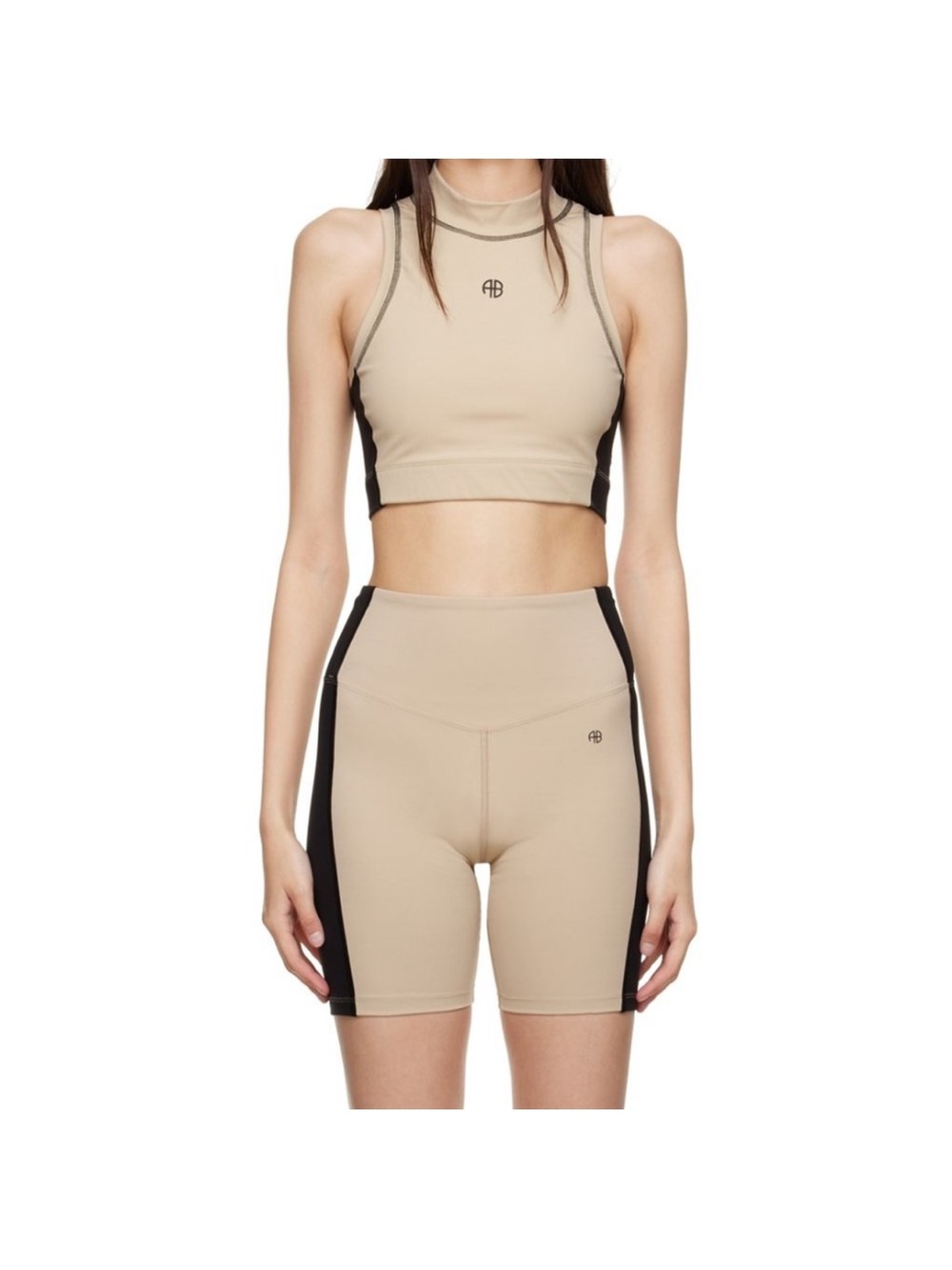 Anine Bing sport Beige High-Waist Bike Shorts with Black Side Panels